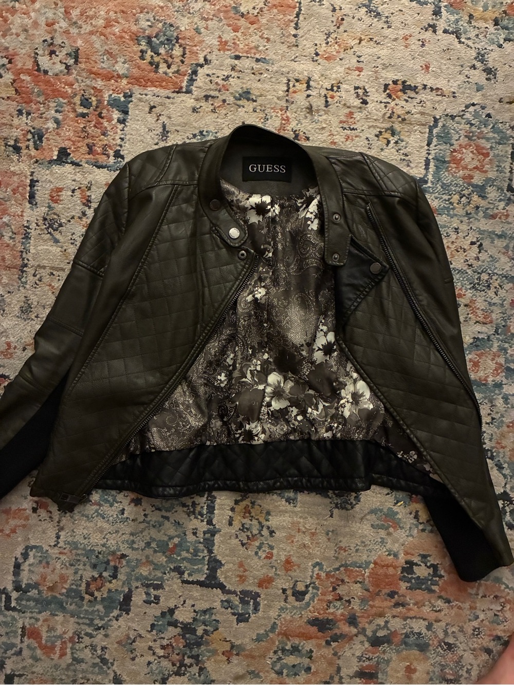 Guess Black Quilted Leather Bomber Jacket with Snap Collar